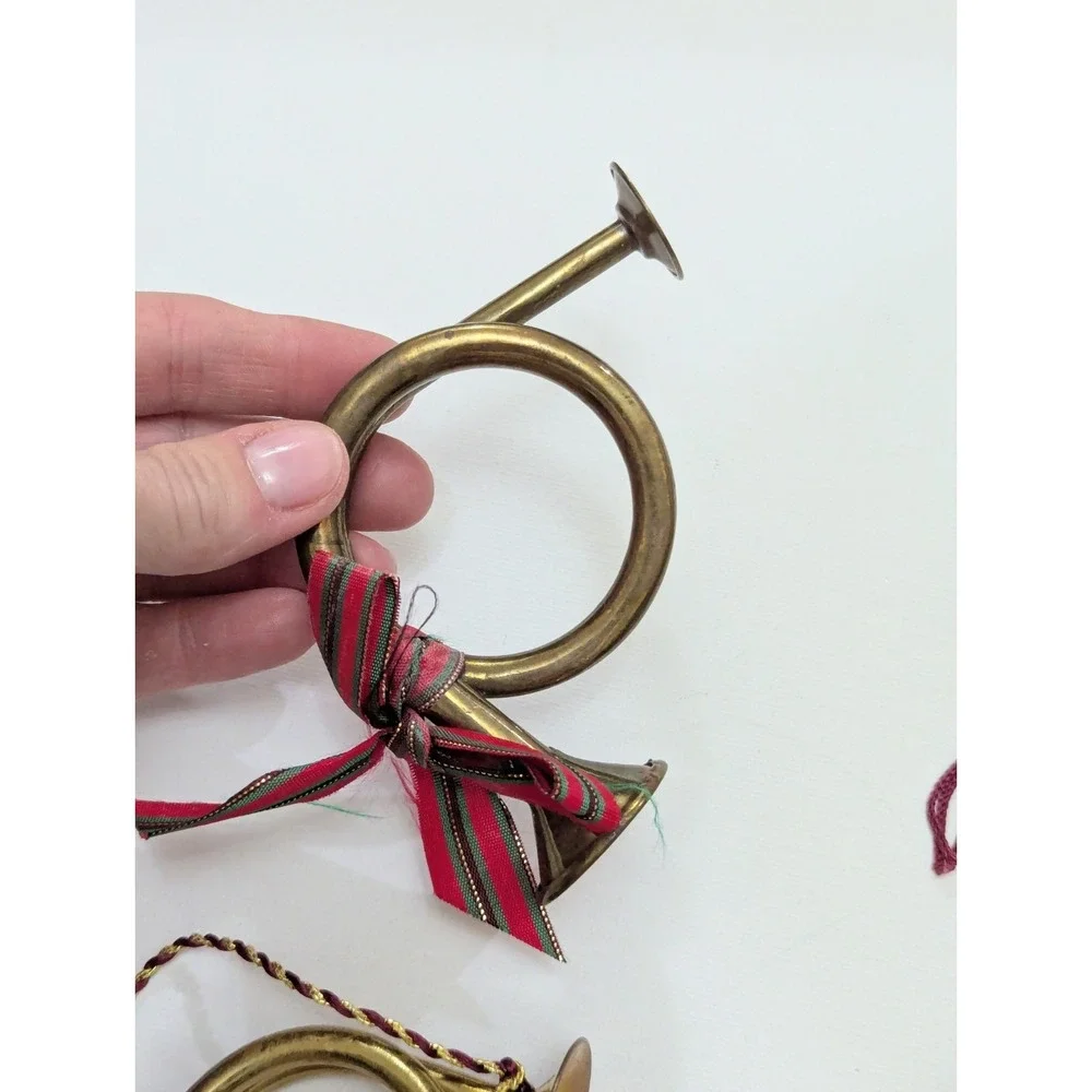 Brass Bugle French Horn Christmas Tree Ornament Decor Vintage Miniature Lot of 4